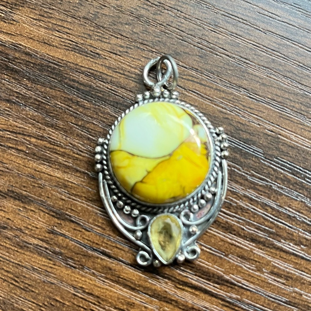 Honey Dahlia Turquoise Round Filigree Scroll Pendant w Citrine Stone 925 SS